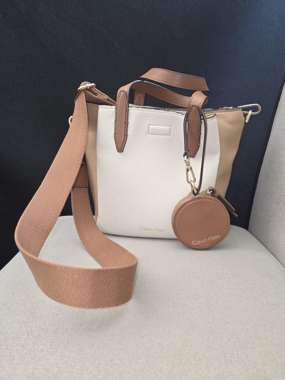 Calvin Klein Cream and Tan Two-Tone Crossbody Bag with Coin Pouch